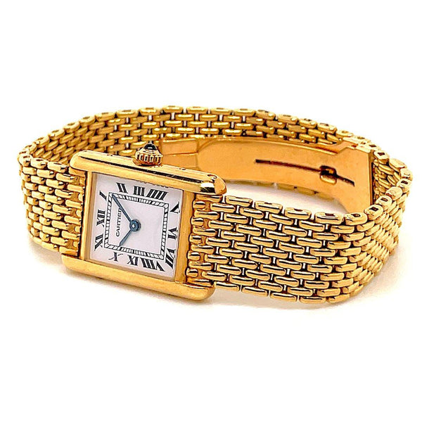Cartier Tank Louis Cartier 18K Yellow Gold Grain De Riz Mesh Bracelet Watch - Twain Time, Inc.