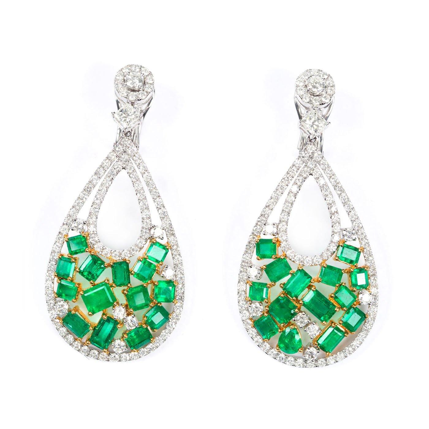 Contemporary, Drop Earrings Colombian Emerald & Diamonds 18K Bicolor Gold,  Circa 2010s