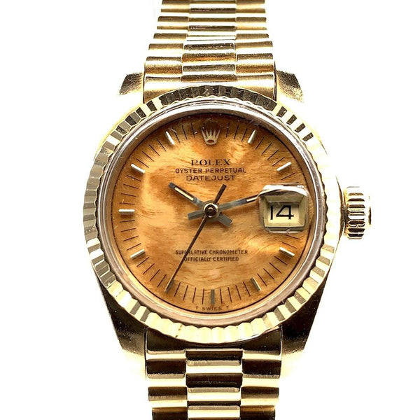 Rolex Datejust 18K Yellow Gold Jubilee Bracelet Rare Wood Dial Ref. 79178 - Twain Time, Inc.
