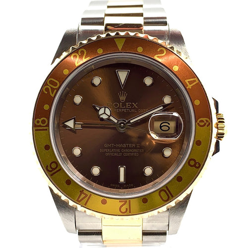 Rolex GMT-MASTER II Two Tone Root Beer Dial Oyster Bracelet Ref. 16713 - Twain Time, Inc.