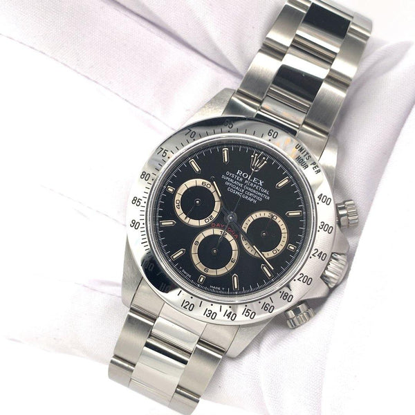Rolex Oyster Perpetual Cosmograph Daytona Stainless Steel Zenith Movement Black Dial New Old Stock Full Set Ref. 16520 - Twain Time, Inc.
