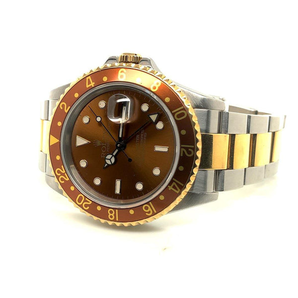 Rolex GMT-MASTER II Root Beer 18K Yellow Gold & Stainless Steel Ref. 16713 - Twain Time, Inc.