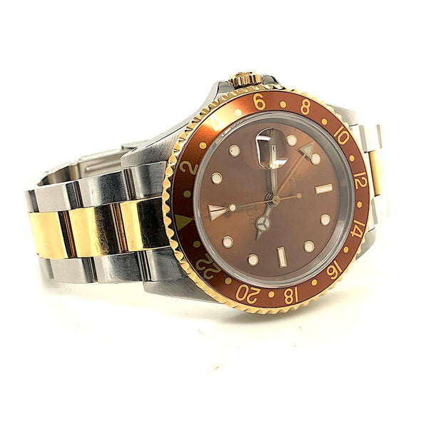 Rolex GMT-MASTER II Root Beer 18K Yellow Gold & Stainless Steel Ref. 16713 - Twain Time, Inc.