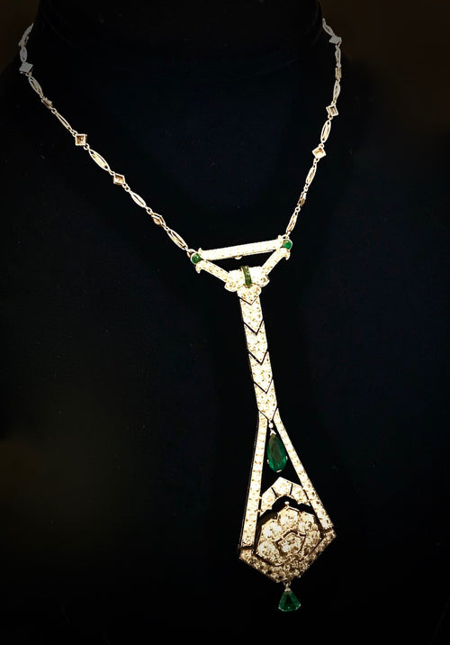 Art Deco Diamonds and Emeralds Platinum Necklace With Watch
