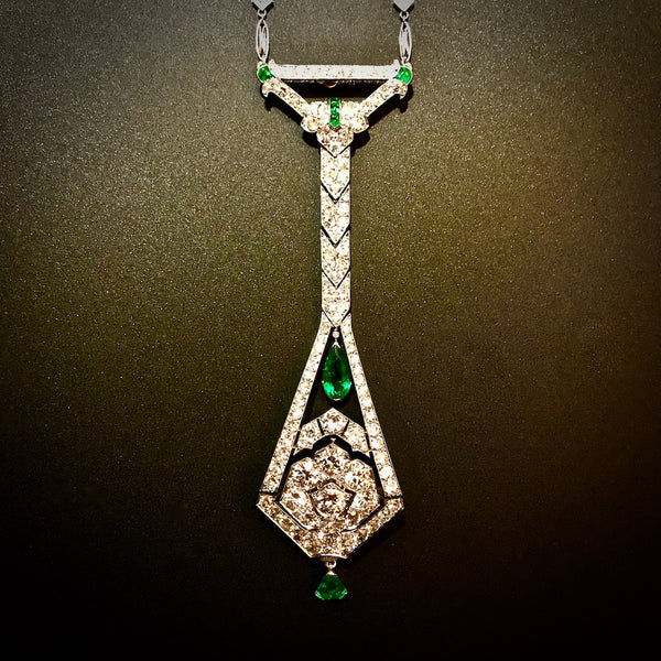 Art Deco Diamond and Emerald Platinum Necklace With A Watch Circa 1920s - Twain Time, Inc.