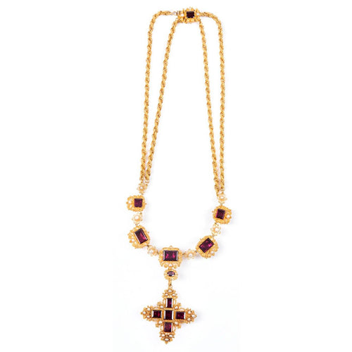Antique Necklace 15K Yellow Gold and Garnet-Set Cannetille Late 1830s - Twain Time, Inc.