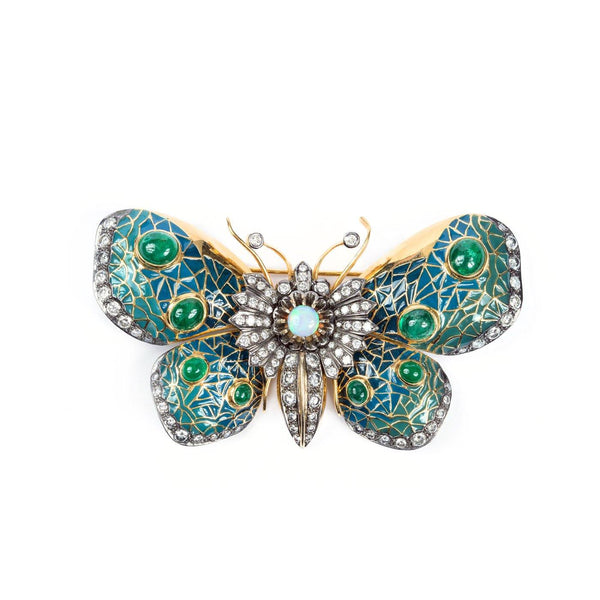 Victorian Butterfly Brooch 18K Yellow Gold, Enamel, Emerald, Diamond & Opal - Twain Time